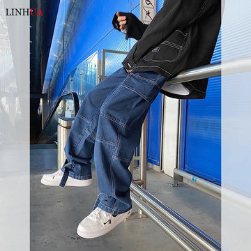 LINHUA Men’s Wide Leg Baggy Denim Cargo Jeans