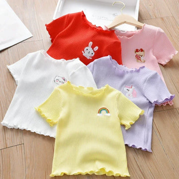 Girls Embroidered Summer T-Shirt – Soft Ice Silk Ruffle Top for Toddlers