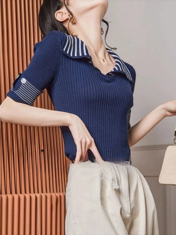 Women's Contrast Collar Knit Polo Tee – Summer Casual Top
