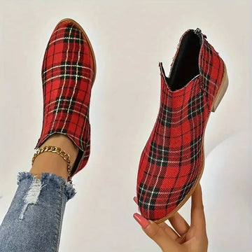 Women’s Christmas Plaid Ankle Boots – Retro Chelsea Platform Booties with Side Zipper, Outdoor Winter Shoes