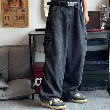 Men’s Black Baggy Wide-Leg Cargo Denim Jeans