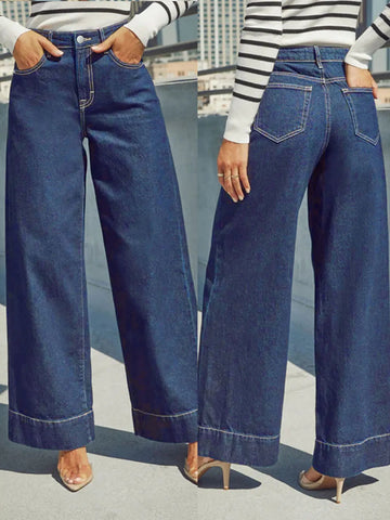 Women’s Classic Blue High-Rise Wide-Leg Jeans – Vintage Wash Stretch Denim Pants