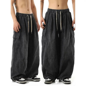 Men’s Y2K Black Baggy Cargo Jeans – Wide Leg Vintage Streetwear