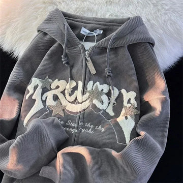 Women’s Embroidered Zip-Up Hoodie – Y2K Harajuku Style