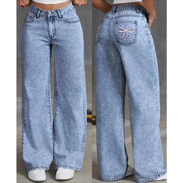 Women’s Bow Embroidered Wide-Leg Jeans – High-Waist Casual Denim Pants