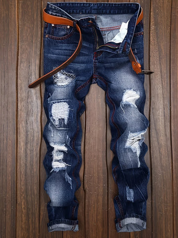 Men’s Ripped Straight Jeans – Punk Style Motorcycle Denim
