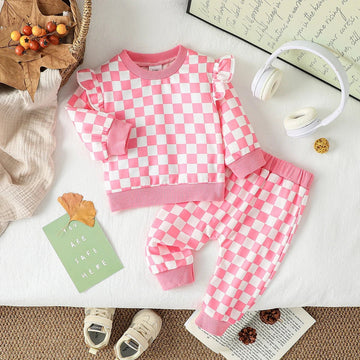 2PCS Baby Girls Pink Checkerboard Sweatshirt and Pants Set