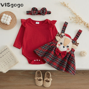 3PCS Baby Girl Christmas Outfit Romper Skirt Headband