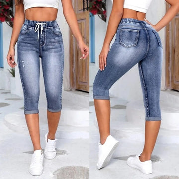 Women’s High-Waist Ripped Calf-Length Jeans – Stretch Skinny Denim Pants
