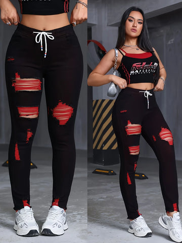 Women’s Red Stretch Skinny Jeans – Elastic Waist Distressed Denim Pants