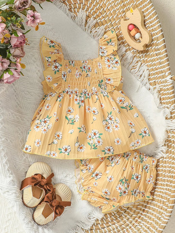 Baby Girls Autumn Chrysanthemum Sleeveless Two-Piece Set