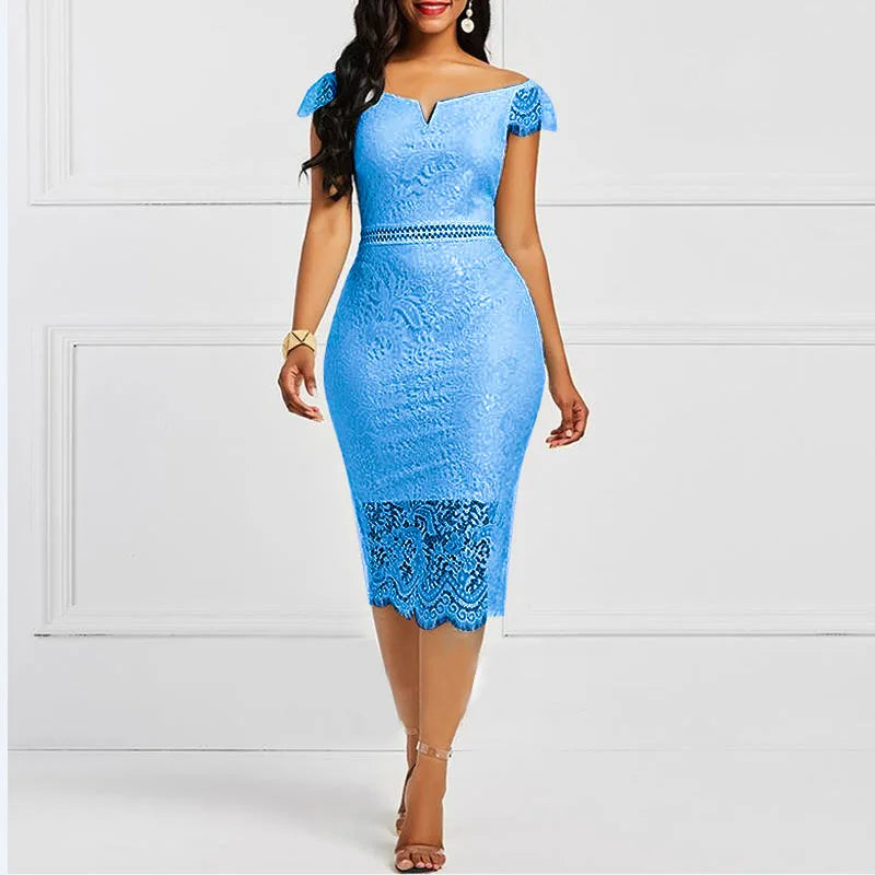 Women’s Elegant Lace Bodycon Dress – Mid-Calf Hollow Out Evening Party Dress