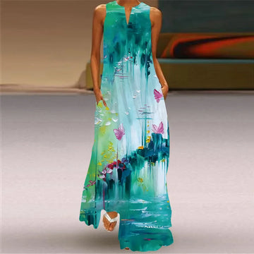 Women’s Sexy V-Neck Maxi Dress – Sleeveless Retro Print Summer Sundress with Pockets