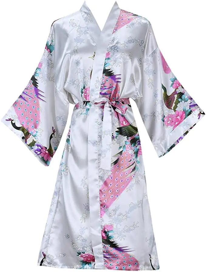 Women’s Silk Satin Floral Bridesmaid Robe – Short Kimono Dressing Gown
