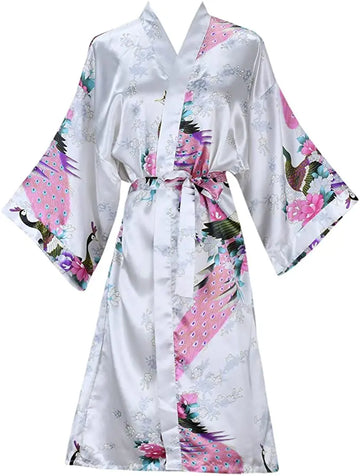 Women’s Silk Satin Floral Bridesmaid Robe – Short Kimono Dressing Gown