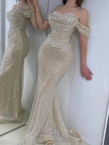 Women’s Off-Shoulder Pearl Mermaid Evening Gown – Elegant Champagne Ivory Formal Dress