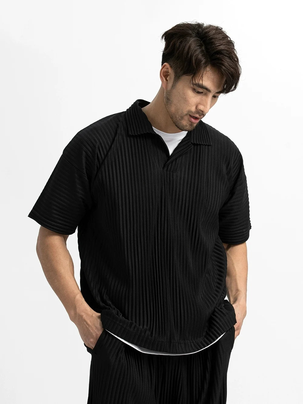 Miyake Pleated Polo Shirt Men – Short Sleeve Casual Loose Top