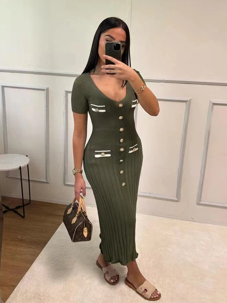 Women’s Elegant Knitted Bodycon Dress – V-Neck Short-Sleeve Mid-Calf Summer Dress