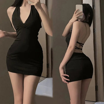 Women’s Black Halter Backless Mini Dress – Sexy V-Neck Wrap Party Outfit