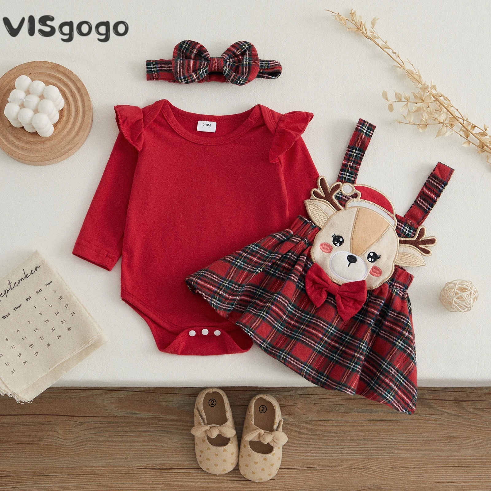 3PCS Baby Girl Christmas Outfit Romper Skirt Headband