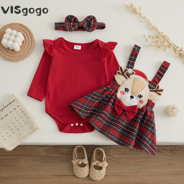 3PCS Baby Girl Christmas Outfit Romper Skirt Headband