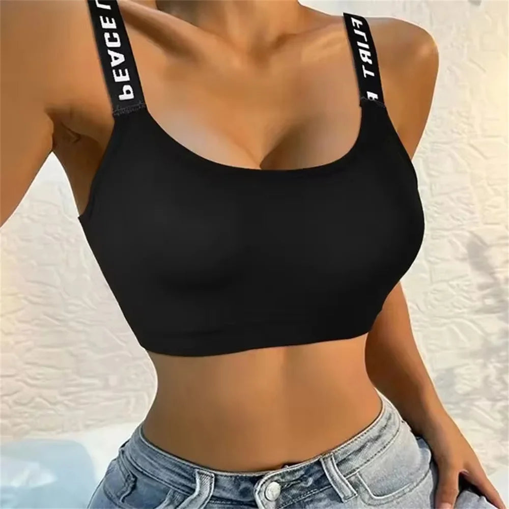 Women’s Letter Strap Back Yoga Top – Padded & Wire-Free