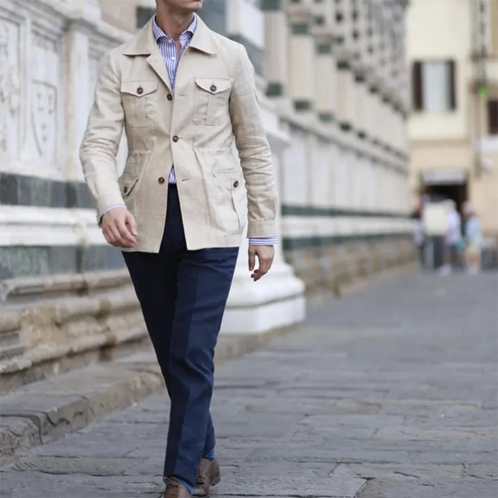 Men’s Safari Jacket Linen Retro British Style Casual Coat
