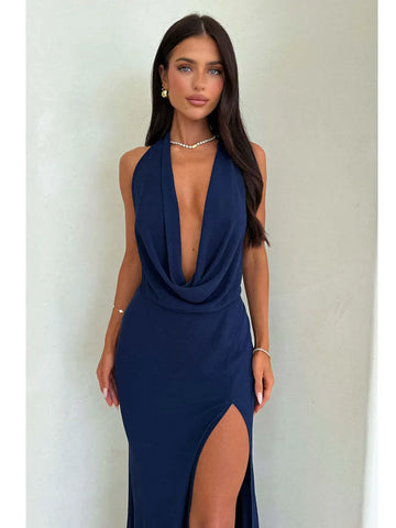 Women’s Deep V-Neck High-Slit Maxi Dress – Sleeveless Backless Summer Party Outfit