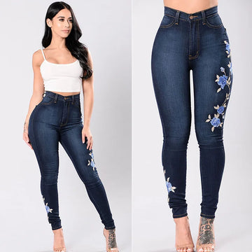Women’s High-Waist Embroidered Jeans – Slim Fit Stretch Denim Pants