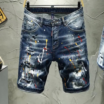 Men’s Korean Streetwear Ink Dot Ripped Denim Shorts