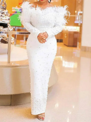 Women’s White Feather Pearl Maxi Dress – Elegant Evening, Prom & Wedding Gown
