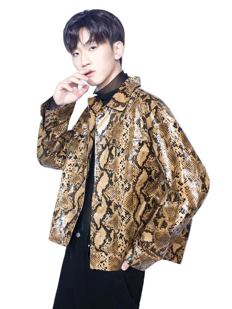 Men’s Colorful Snakeskin Print PU Leather Jacket