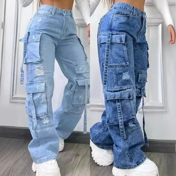 Women’s Solid Color Multi-Pocket Denim Trousers – High-Waist Stretch Casual Pants