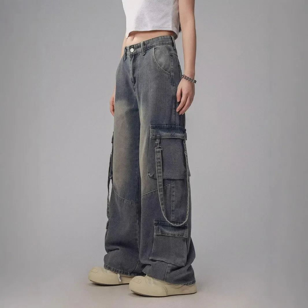 Men’s Distressed Cargo Straight Loose Denim Jeans