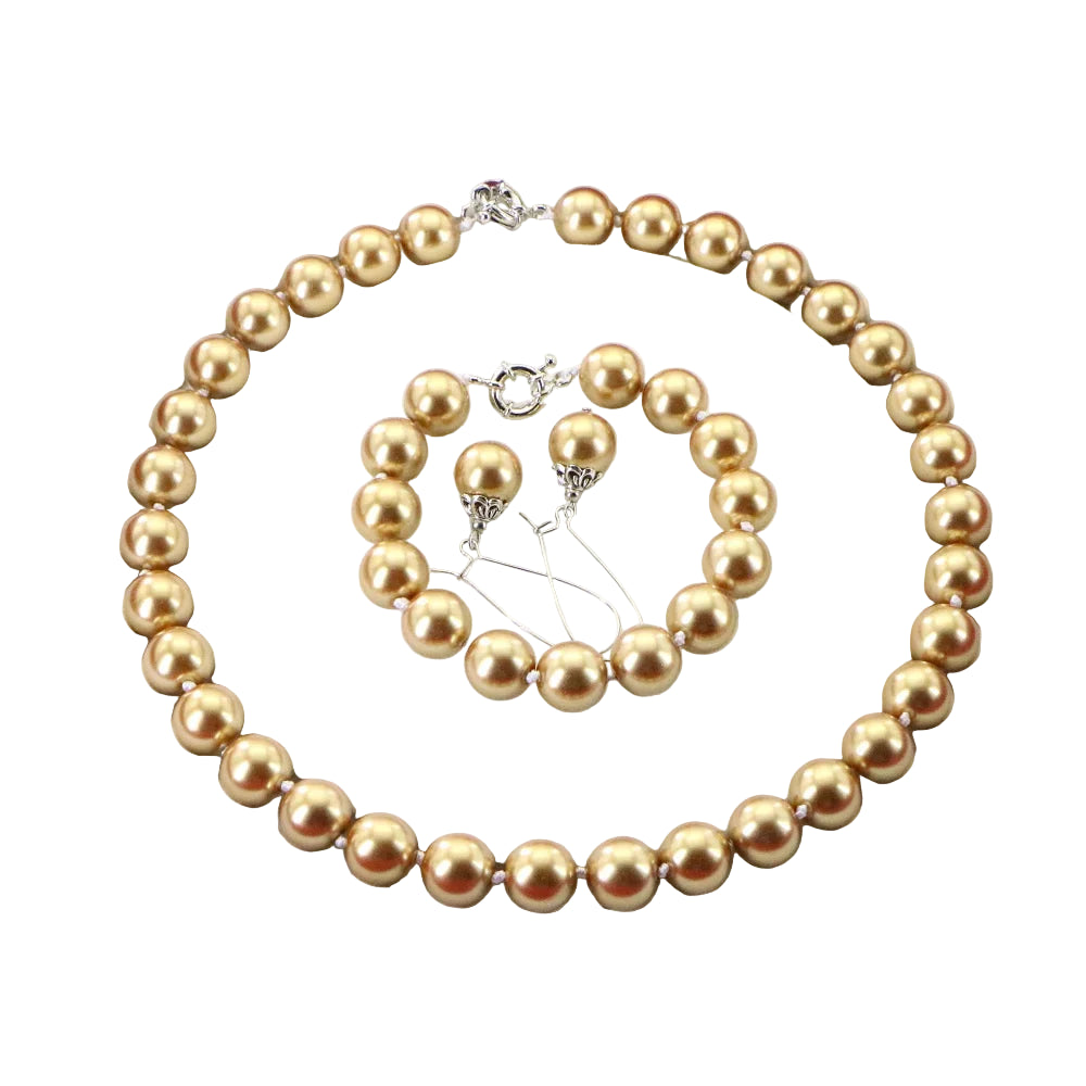 Christmas Jewelry Gift Set – 12mm Gold Round Shell Pearl Necklace, Bracelet & Earrings