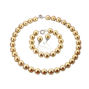 Christmas Jewelry Gift Set – 12mm Gold Round Shell Pearl Necklace, Bracelet & Earrings