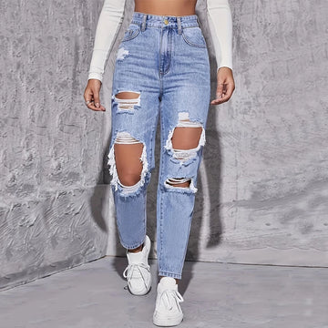 Women’s American Retro Hole-Punched Jeans – High-Waist Wide-Leg Denim Pants