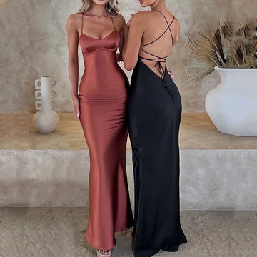Women’s Satin Spaghetti Strap Mermaid Dress – Elegant Backless Bodycon Party Gown