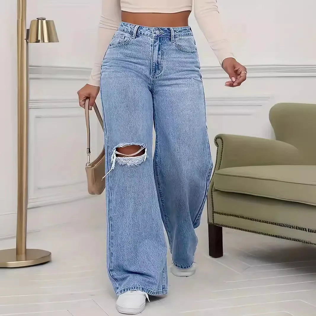 Women’s Washed High-Waist Wide-Leg Jeans – Distressed Loose-Fit Denim Pants