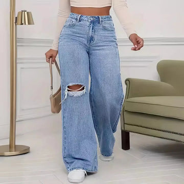 Women’s Washed High-Waist Wide-Leg Jeans – Distressed Loose-Fit Denim Pants