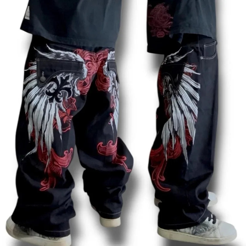 Men's Wing Print Jeans – Vintage Gothic Oversized Hip Hop Wide Pants