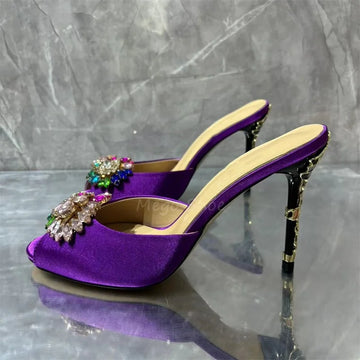 Crystal Stiletto High Heels Purple Velvet Slippers
