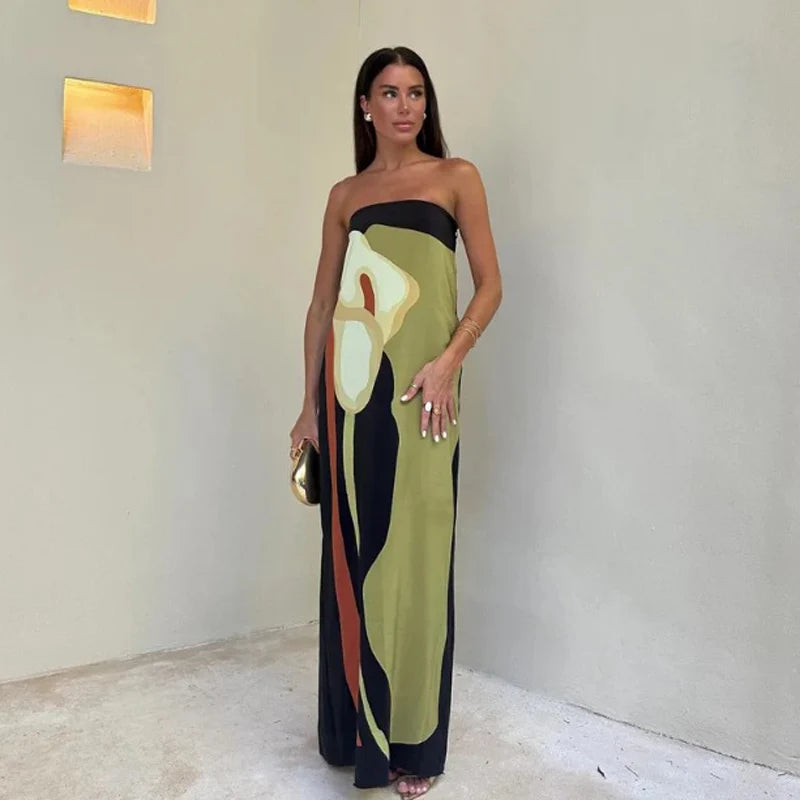 Women’s Strapless Backless Floral Maxi Dress – Sleeveless Off-Shoulder Summer Outfit