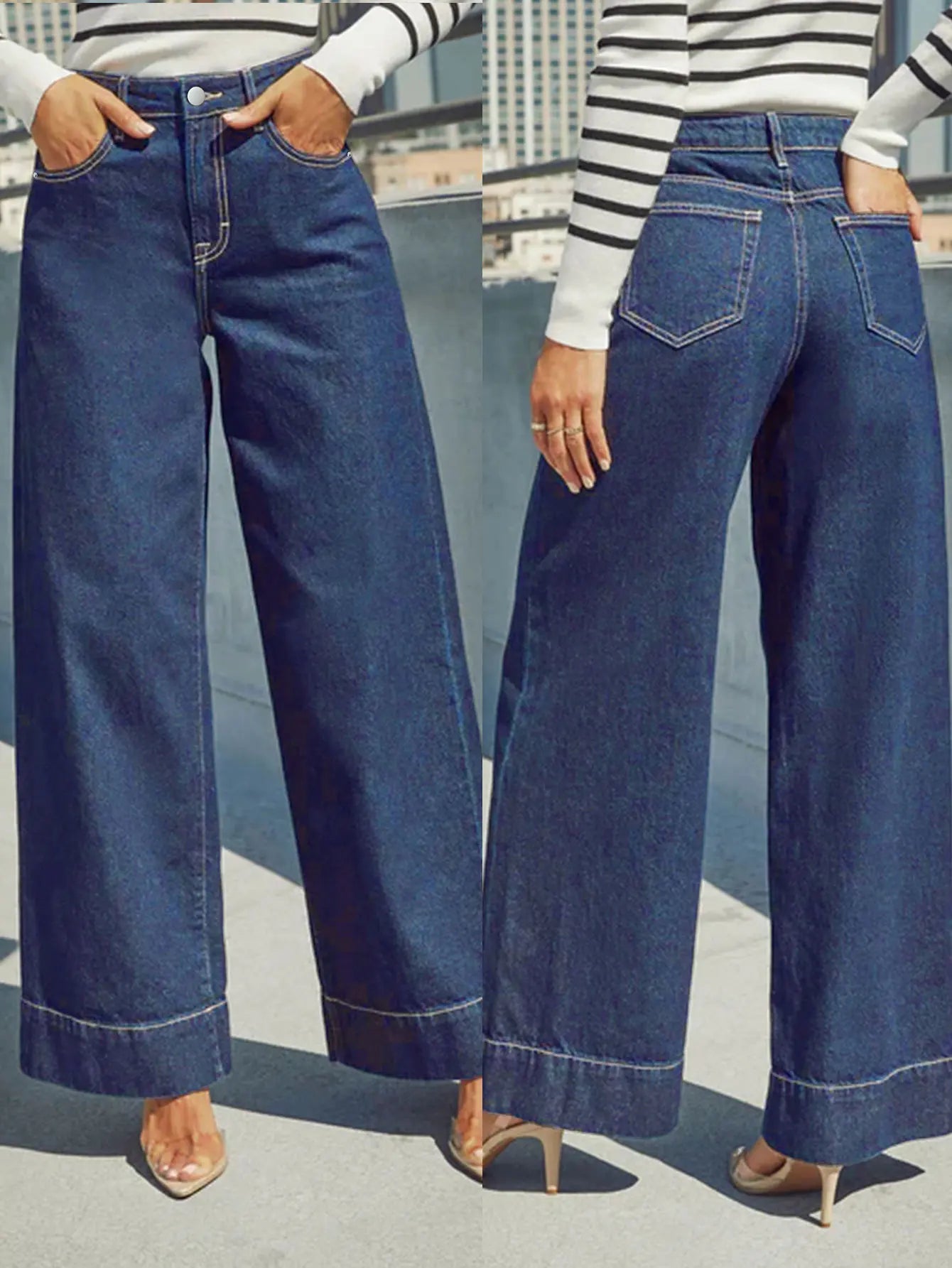 Women’s Classic Blue High-Rise Wide-Leg Jeans – Vintage Wash Stretch Denim Pants