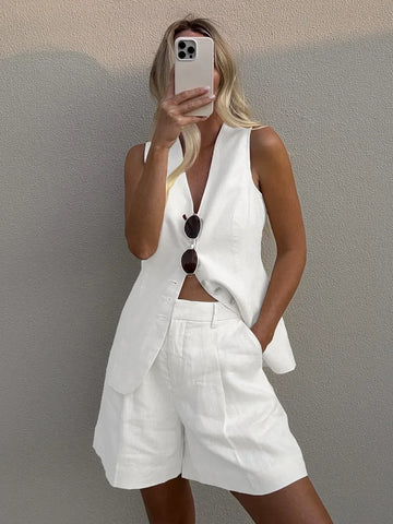 Wolfeel Cotton-Linen Casual Vest & Shorts Set – Women’s Chic Summer Two-Piece Outfit