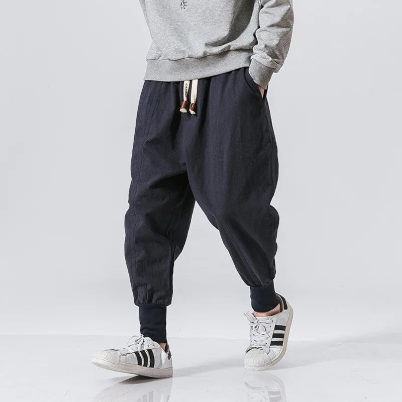 Men's Cotton Linen Harem Pants – 2024 Baggy Drop-Crotch Casual Joggers