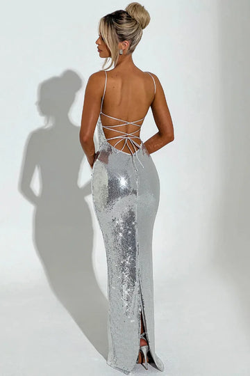 Women’s Sequin Backless Bandage Long Dress – Luxury Sleeveless Evening Gown