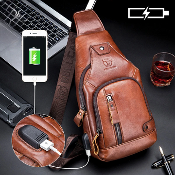 Men’s Leather Chest Bag with USB Port – Large Capacity Shoulder Crossbody
