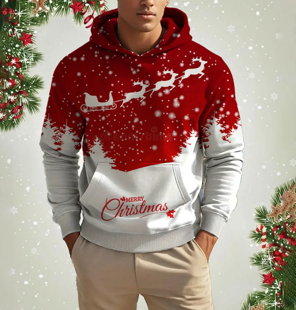 Men’s Christmas Hoodie – Reindeer Print Cartoon Sweatshirt