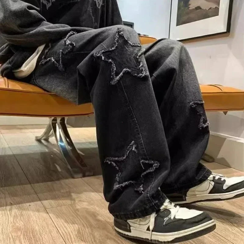 Men’s Brown Embroidered Star Jeans Pants – Y2K Straight Hip Hop Style